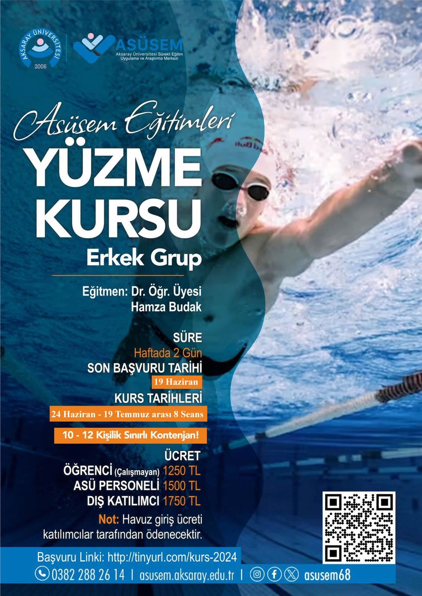 Yüzme Kursu 🏊 🗓️Süre: Haftada 2 Gün ⏳Son Başvuru Tarihi: 19 Haziran 2024 Çarşamba 🔗Başvuru için: tinyurl.com/kurs-2024 ℹ️ @ASUSEM68 #ASÜ #Aksaray #AksarayÜniversitesi