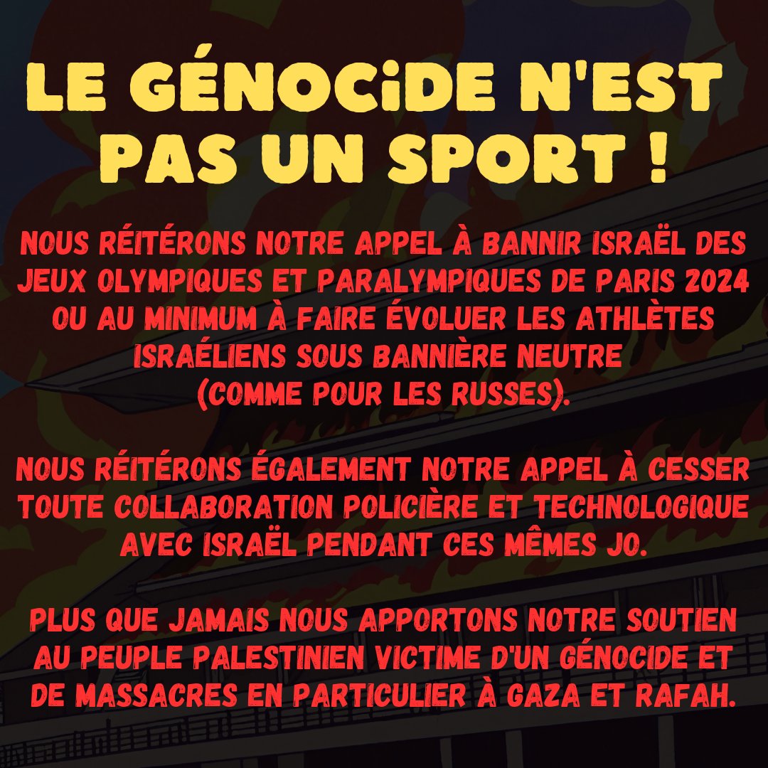 🔴#JeuxOlympiques #Paris2024 : Bannissez Israël ou faites évoluer les israéliens sous bannière neutre + cessez la collaboration (policière, technologique) avec Israël pendant les JO. #Palestine #FreePalestine #Gaza #Rafah #BanIsrael #AllEyesOnRafah #JOP2024 #JOParis2024 #JO2024