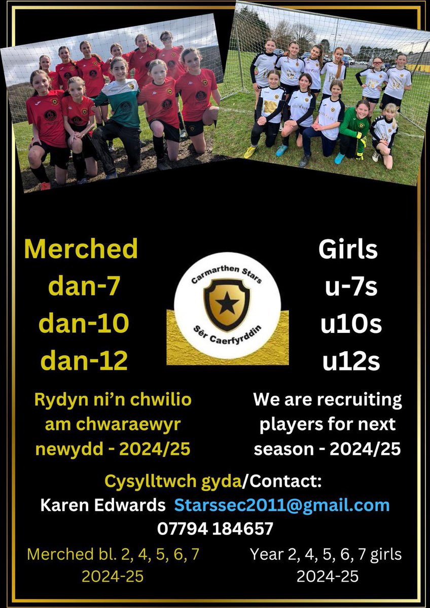 Carmarthen Stars Girls minis are looking for new players and coaches ⚽️ Mae Merched Sêr Caerfyrddin yn chwilio am chwaraewyr a hyfforddwyr newydd 👇🏻