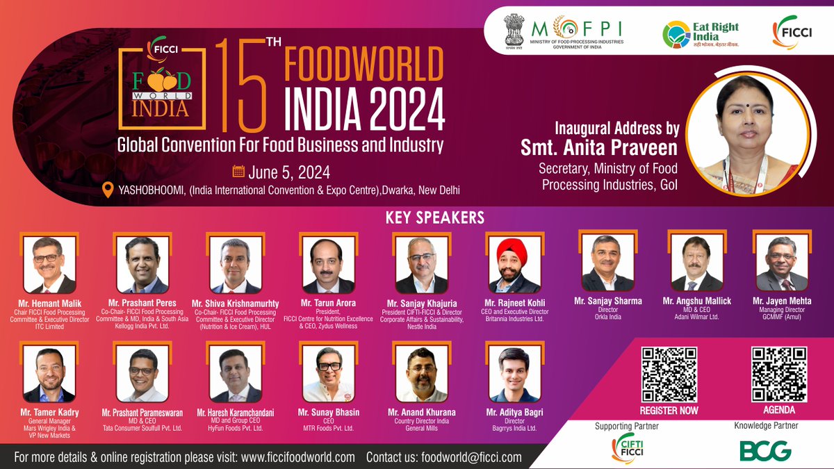 Join us at the 15th edition of #FOODWORLDINDIA 2024 on June 5, 2024, at the India International Convention & Expo Centre, Dwarka, New Delhi to hear from eminent food business leaders, key industry stalwarts and policymakers. Ms Anita Praveen, Secretary, @MOFPI_GOI will