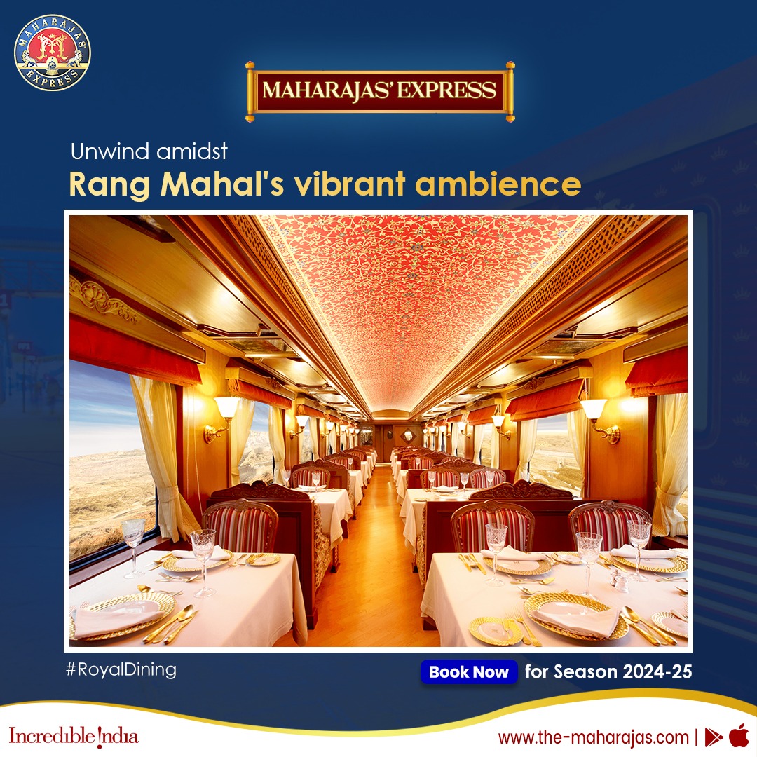 Let the vibrant ambience of Rang Mahal help you unwind and enjoy the #RoyalDining experience.

To create memories aboard Maharajas' Express, click on the-maharajas.com to book your onboard cabin.

#TravelIndia #IncredibleIndia #LuxuryTravel #RoyalExperience #LuxurySuite