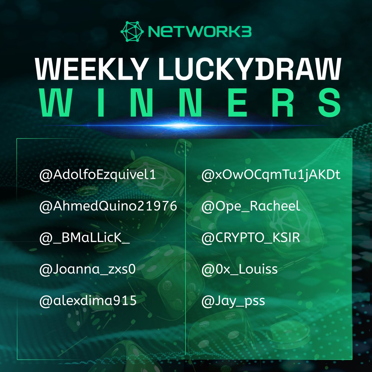 🎉Congratulations to the winners of our giveaway! 🎁Please go to our DC open a tickets within 48 hours 👉Join Network3, where the perks never stop! DC:bit.ly/Network3DC TG:bit.ly/Network3tgoffi… #network3 #ai #depin #Layer2 #BTC #SOL #iotex #BTCHalving #Web3 #N3