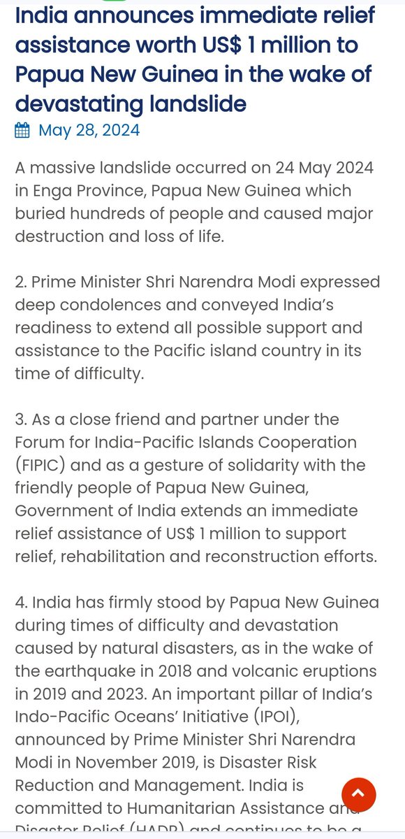 India announces immediate relief assistance worth US$ 1 million to Papua New Guinea in the wake of devastating landslide