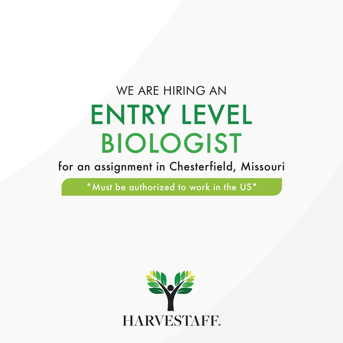 We are hiring an Entry Level Biologist for an assignment in Chesterfield, Missouri, to apply and for more information please visit the following link:

job.harvestaff.com/41842_Biologist

#Biologist #Missouri #Job #Jobs #HiringNow #JobAlert #Hiring #Vacancy