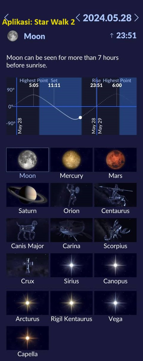 Maklumat objek langit malam ini melalui aplikasi

1. gambar pertama: SkySafari Legacy
- terdapat di App Store & Google Play
- laman sesawang: skysafariastronomy.com

2. gambar kedua: StarWalk 2:
- terdapat di App Store & Google Play.
- laman sesawang: vitotechnology.com/apps/star-walk…