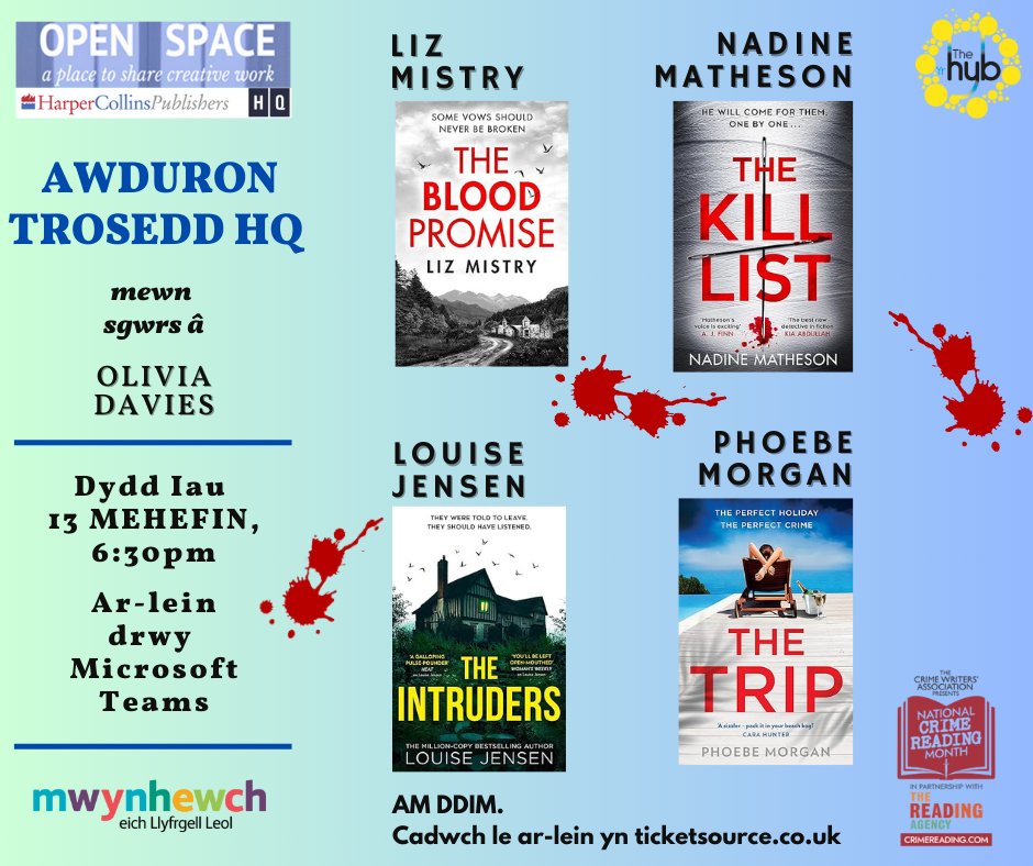 *Digwyddiad newydd!* Digwyddiad ffuglen trosedd ar-lein mewn sgwrs gyda'r awduron @nadinematheson @LizMistryAuthor @Fab_fiction + @Phoebe_A_Morgan. AM DDIM. Diolch i @HQstories! 📆 13/06, 6.30pm 🎟️ tinyurl.com/yrcxyc5e