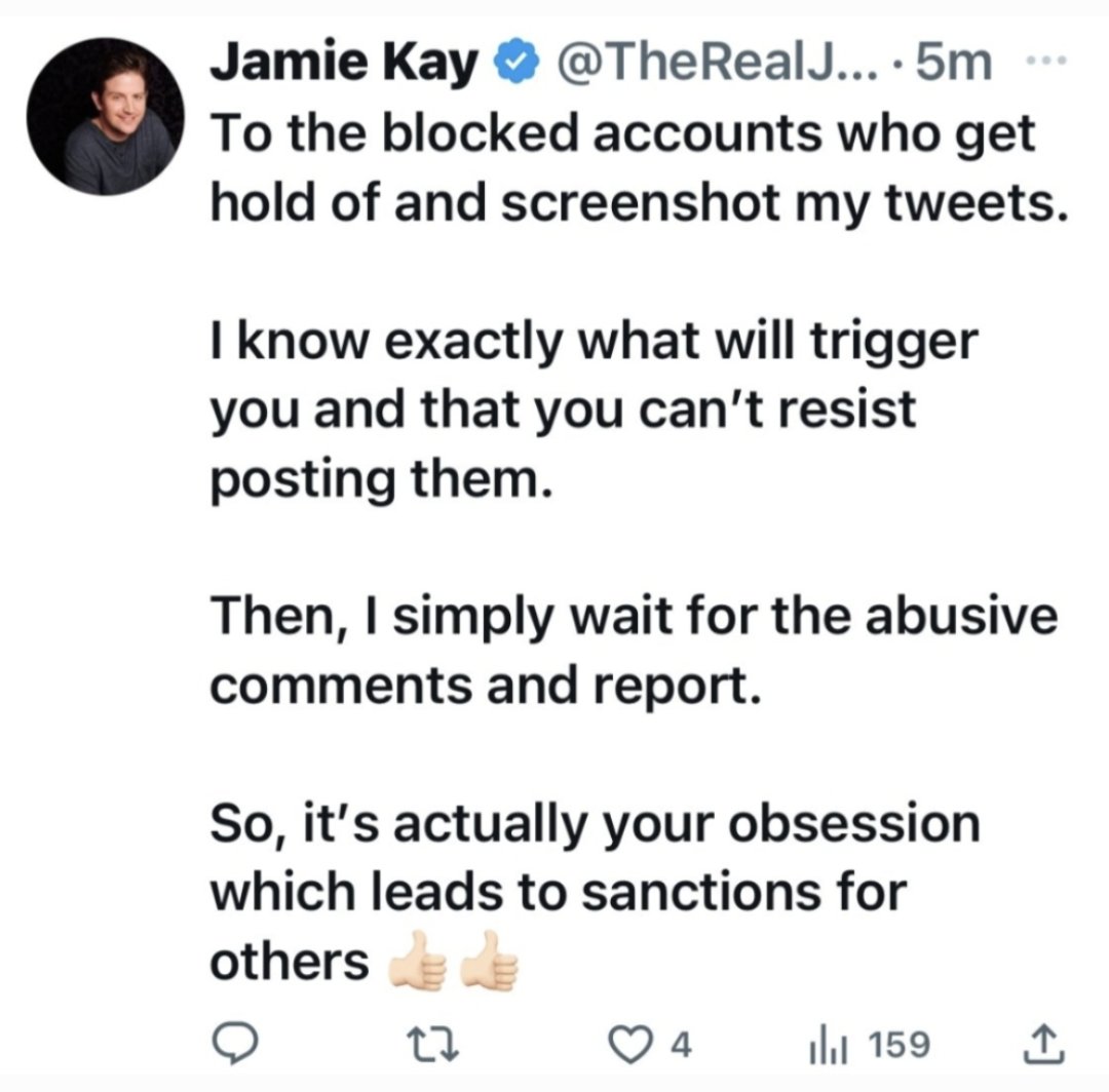 Worse than a hypocrite. He plans it all. Posts racist shit, then reports you for calling out his disgusting shit. This is the REAL Jamie Kay. A racist misogynistic shit house who bullies women.