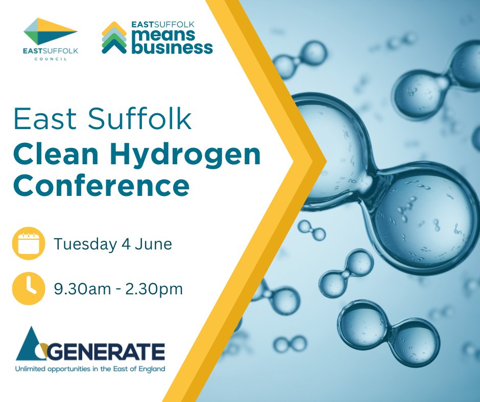 Last few days to secure your place for the East Suffolk Clean Hydrogen Conference! ⌛️ Please book your ticket via Eventbrite by 6pm on Friday 31st of May: buff.ly/4bw9NXk Come and meet our sponsor @GenerateEast at the conference on the 4th June.