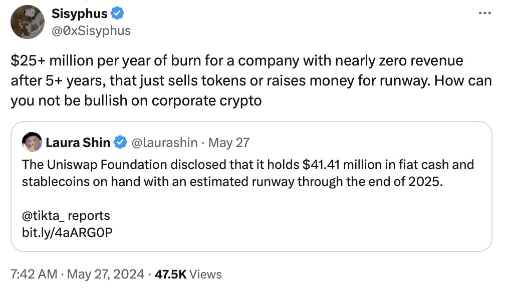 The irony of folks calling Velodrome and Aerodrome unsustainable relative to Uniswap is wild.

Vesting liquid allocations to team and VCs are just emissions / inflation by another name.

LP rewards have been subsidized by VC dollars for years. What happens when they aren't?