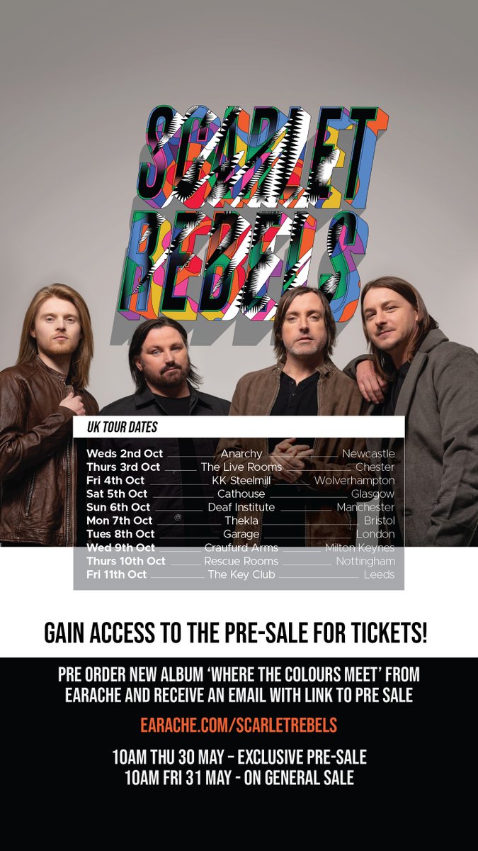 This is not a drill!🚨 You can get first access to @ScarletRebels' freshly announced October headline tour tickets. Everyone who has pre-ordered their new album ‘Where The Colours Meet’ at earache.com/scarletrebels will receive an email with pre-sale access on Thursday. 🎟️