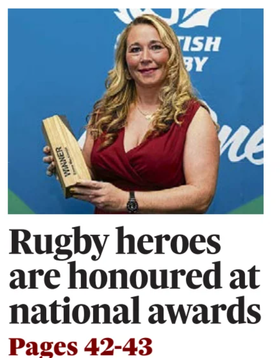 Great to see @DundeeRugbyClub's Emma Mackinnon featuring on the back page of today's @thecourieruk... Inside via @thecouriersport there are interviews with her and @dunfermlineRFC's Finlee Horton after they were prize winners at @Scotlandteam's Community + Recognition Awards