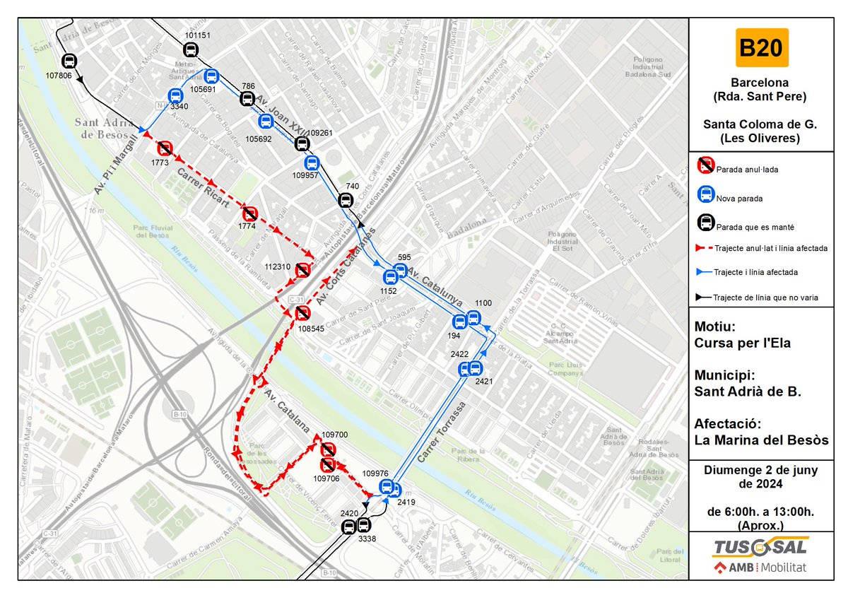 #B7 #B14 #B20: ℹ️ El proper diumenge, 🗓️ 2/06, de 6:00h a 13:00h, (aprox.), tindrà lloc la 🏃‍♀️🏃‍♂️ Cursa per #ELA @AjSantAdria @Mobilitat_AMB. Afectant d’aquesta manera les línies de 🚍 B7, B14 i B20. 1/2.