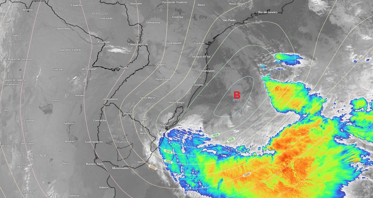 O aprofundamento de um ciclone extratropical sobre o oceano Atlântico com isóbara central de 1010 hPa, possuindo forte contraste de pressão e temperatura favorece uma pista de ventos para a região Sul do Brasil. 

Piter Scheuer / Ronaldo Coutinho