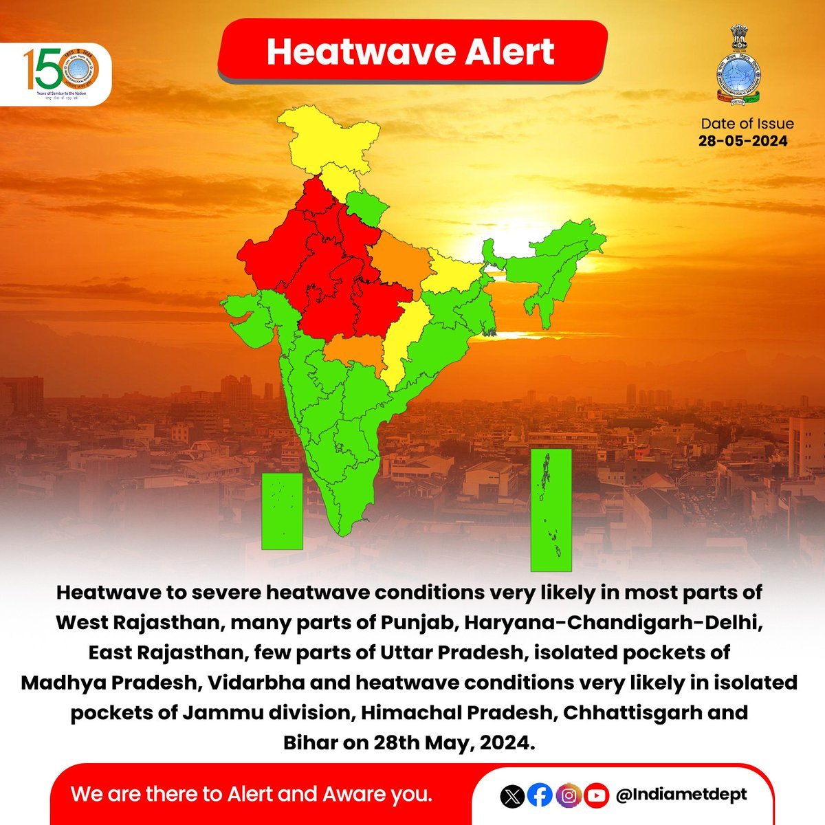 #WeatherUpdate | Heatwave to severe heatwave conditions very likely in most parts of West Rajasthan, many parts of #Punjab, Haryana-Chandigarh-Delhi, East Rajasthan, few parts of #UttarPradesh, isolated pockets of #MadhyaPradesh, Vidarbha and #heatwave conditions very likely in