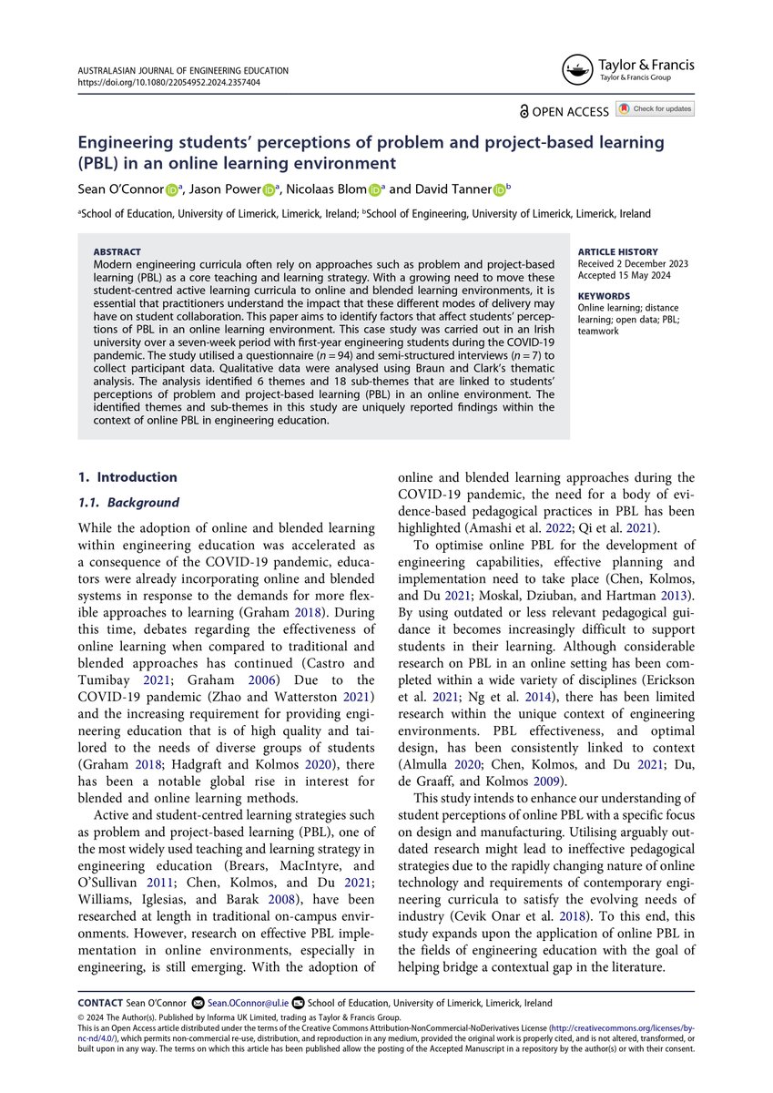 Sean O'Connor (@seanoconnor97) on Twitter photo I am delighted to share our new open-access journal article: 'Engineering Students’ Perceptions of Problem and Project-Based Learning (PBL) in an Online Learning Environment'. A big thanks to <a href="/power_ul/">Jason Power</a>, <a href="/niekieblom/">Niekie Blom</a>, <a href="/DavidTa41966450/">David Tanner</a>, and <a href="/IrishResearch/">We are now Research Ireland</a>.
tandfonline.com/doi/full/10.10… I am delighted to share our new open-access journal article: 'Engineering Students’ Perceptions of Problem and Project-Based Learning (PBL) in an Online Learning Environment'. A big thanks to <a href="/power_ul/">Jason Power</a>, <a href="/niekieblom/">Niekie Blom</a>, <a href="/DavidTa41966450/">David Tanner</a>, and <a href="/IrishResearch/">We are now Research Ireland</a>.
tandfonline.com/doi/full/10.10…