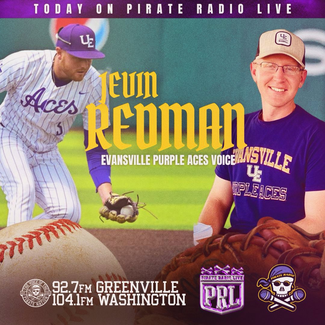 🏴‍☠️⚾️ Today on Pirate Radio LIVE, Evansville Purple Aces voice Jevin Redman @Jevin_13 joins us ahead of the NCAA College World Series Greenville Regional. LISTEN, STREAM, WATCH ⏰ 3-6pm M-F 📻 92.7FM or 104.1FM 💻 PR927FM.com 📺 youtube.com/c/pirateradiotv