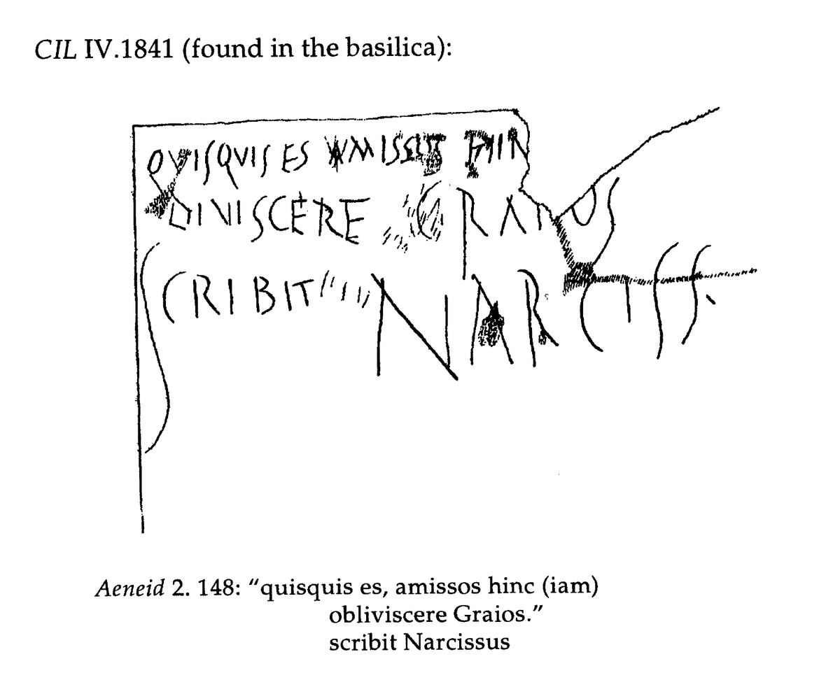 Narcissus adında veya lakaplı birisi Pompeii'de bir bazilika duvarına Vergilius, Aeneis 2.148'i yazmış. Temize çekilmiş hali ekte.

'Kim olursan ol, şu andan itibaren, unut yitip giden Yunanları.'

Kaynak: James L. Franklin. “Vergil at Pompeii: A Teacher’s Aid.” The Classical