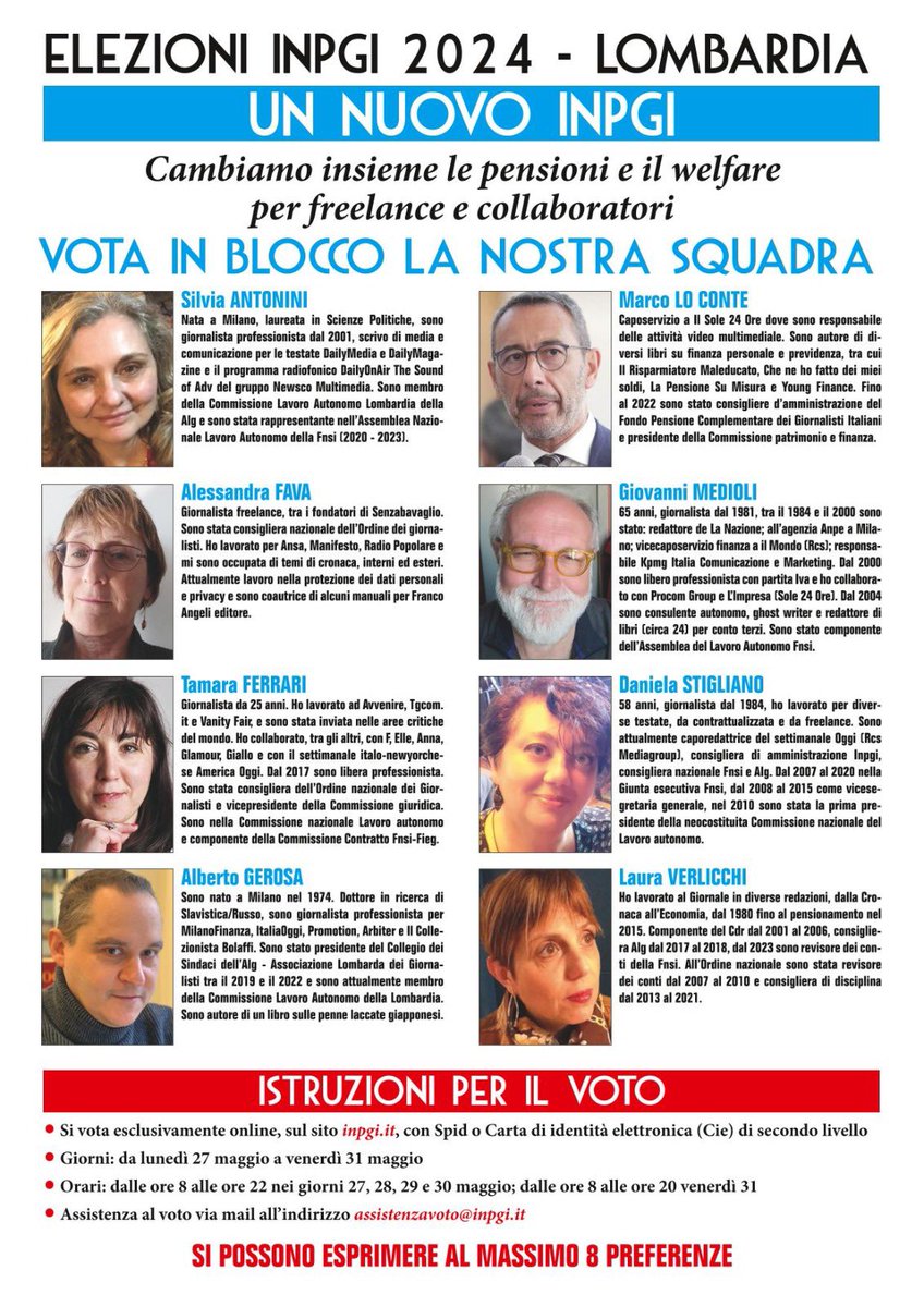 AlbertoGerosa's tweet photo. #Giornalista NON PRIVARTI DELL’OPPORTUNITÀ DI DECIDERE IL FUTURO DELL’INPGI! DAL 27 AL 31 MAGGIO #Elezioni #INPGI VOTA IN BLOCCO i nomi di #UnNuovoINPGI #giornalisti #Lombardia https://t.co/L2NWtSJLvC