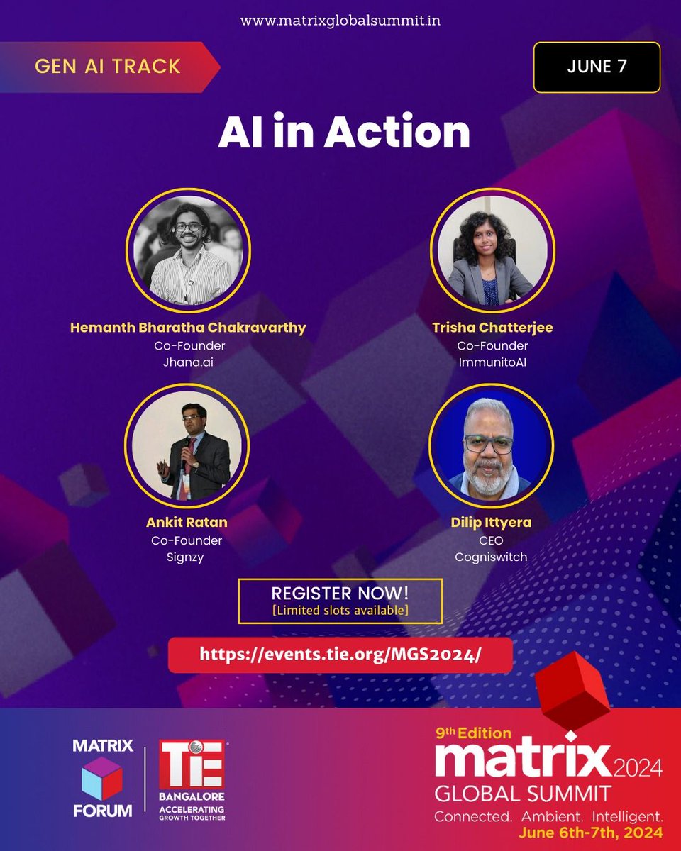 Join us for AI in Action with industry leaders at the Matrix Global Summit, June 6-7, 2024, at the Bangalore International Centre. Explore Generative AI's impact on various sectors. Register: lnkd.in/eeB6sm2b Website: lnkd.in/dd3Hsme7 #AI #GenerativeAI #TechTalks