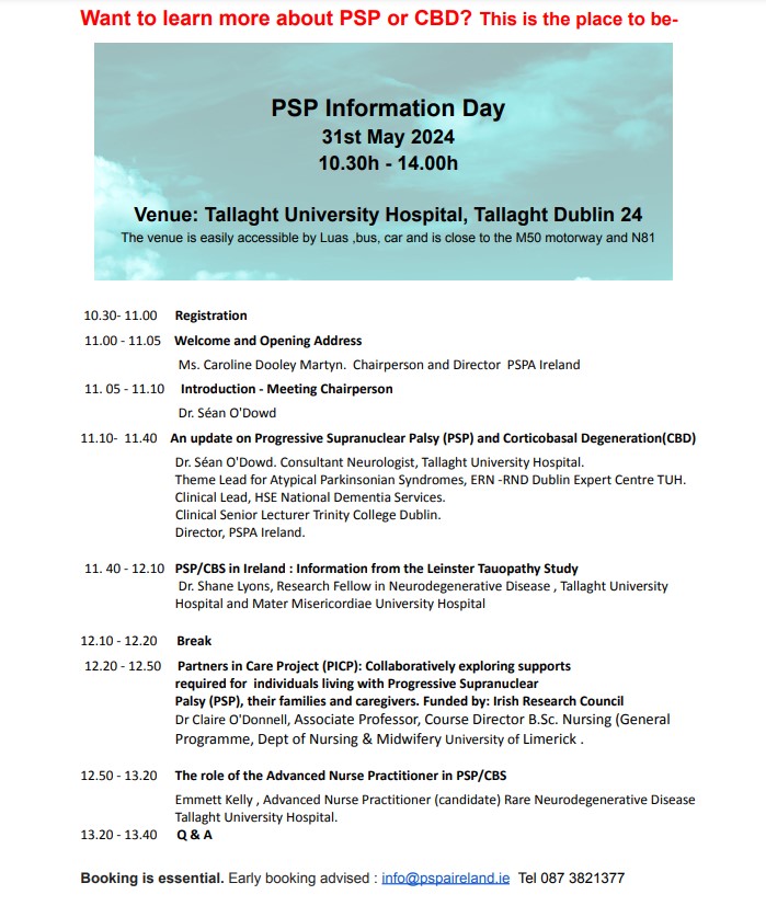 NAI members PSPA Ireland information day is happening in Tallaght Hospital on 31st May. It features updates on Progressive Supranuclear Palsy and Corticobasal Degeneration, current research in PSP. Full info can be found attached #PSP