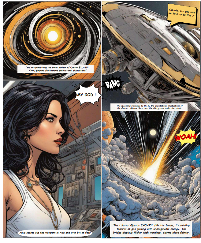 VarunRathore137's tweet photo. Calling all #spaceexplorers !! Embark on a cosmic journey with my new AI-powered comic, "Beyond the Black Hole - Quasars "!  Get ready for mind-bending physics &amp; captivating visuals.  [Panel 1/Panel 4] 🚀⭐

#physicscomics #AIArtwork #spacecomics https://t.co/mG4AvhDoYW