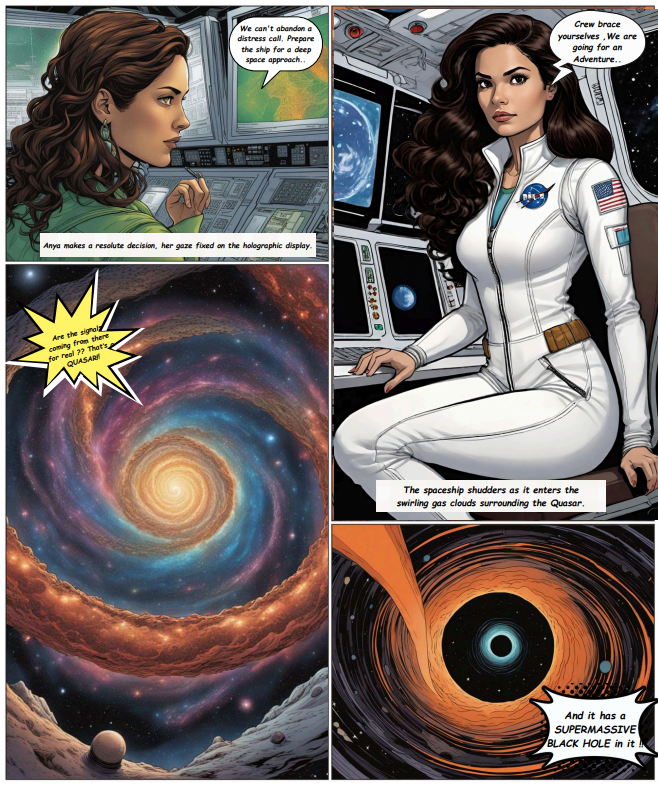 VarunRathore137's tweet photo. Calling all #spaceexplorers !! Embark on a cosmic journey with my new AI-powered comic, "Beyond the Black Hole - Quasars "!  Get ready for mind-bending physics &amp; captivating visuals.  [Panel 1/Panel 4] 🚀⭐

#physicscomics #AIArtwork #spacecomics https://t.co/mG4AvhDoYW