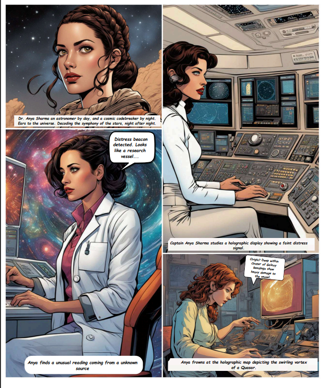 VarunRathore137's tweet photo. Calling all #spaceexplorers !! Embark on a cosmic journey with my new AI-powered comic, "Beyond the Black Hole - Quasars "!  Get ready for mind-bending physics &amp; captivating visuals.  [Panel 1/Panel 4] 🚀⭐

#physicscomics #AIArtwork #spacecomics https://t.co/mG4AvhDoYW