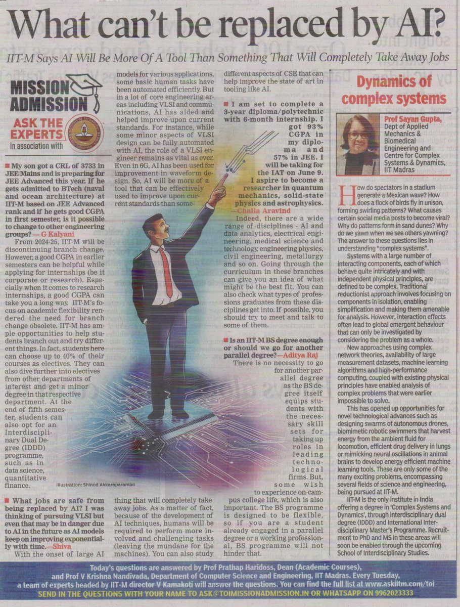 @iitmadras #askiitm & @TOIChennai are back with responses to queries related to #jee, #engineering, #career & a special story on dynamics of complex systems. Mail ask@toimissionadmission.in WhatsApp +91 99620 23333. #MissionAdmission #IITMadras #engineering #TOI #AskTheExperts