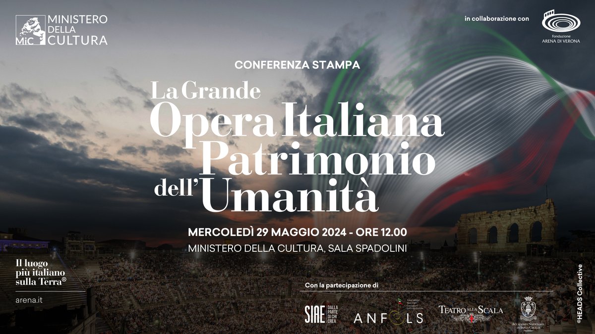 Il #29maggio 2024 (ore 12), al #MiC, si svolgerà la conferenza stampa di presentazione di “La Grande Opera Italiana Patrimonio dell’Umanità”, l’evento in programma il #7giugno 2024 all’@arenadiverona. Segui la diretta sul canale YT del MiC: youtube.com/live/MUkDpRREC…
