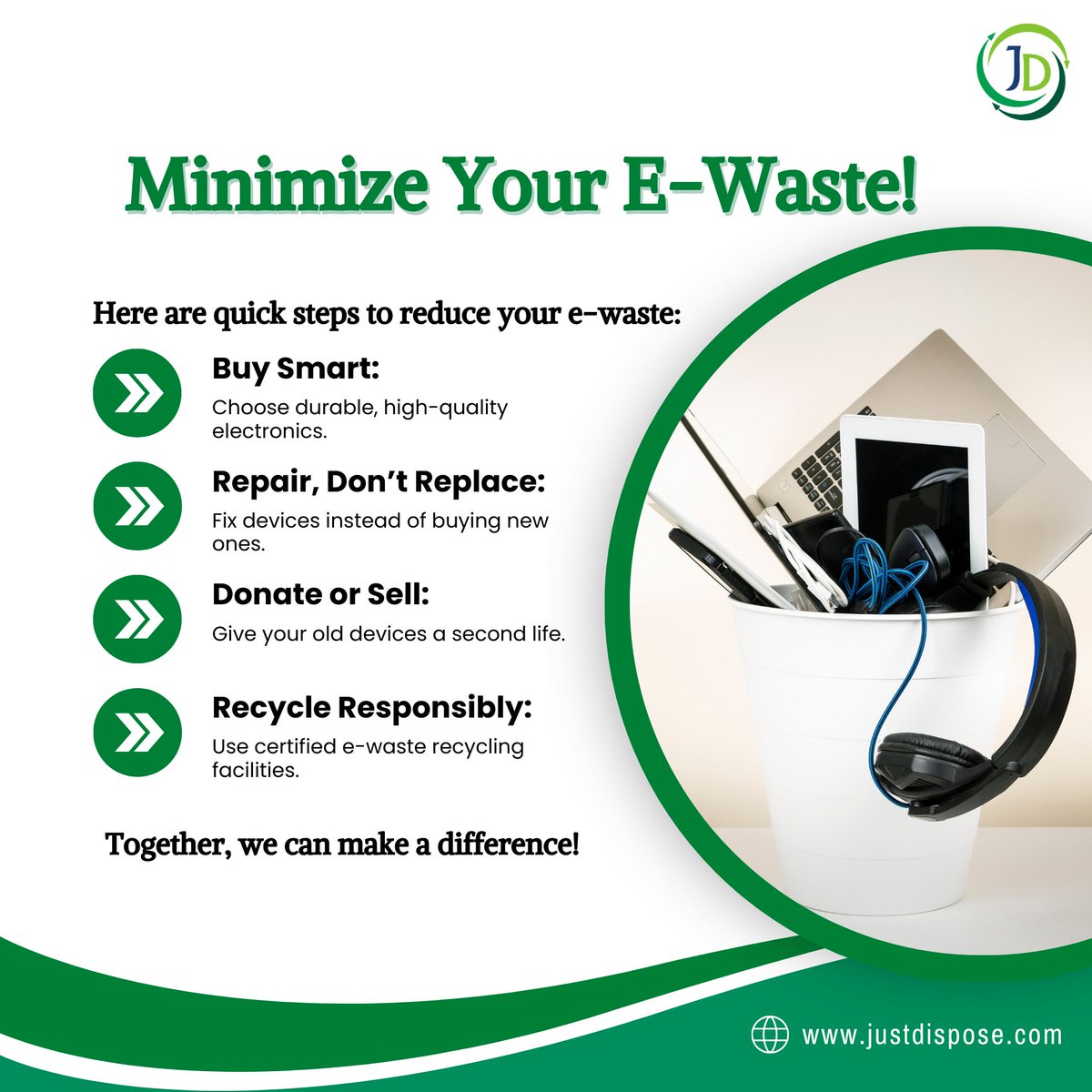 Minimize Your E-Waste! Follow these simple steps: buy durable electronics, repair instead of replace, donate or sell old devices, and recycle responsibly.
Visit justdispose.com

#ewaste #recycling #electronicwaste #simplifyingdisposal #sustainable #future #ewasterecycling