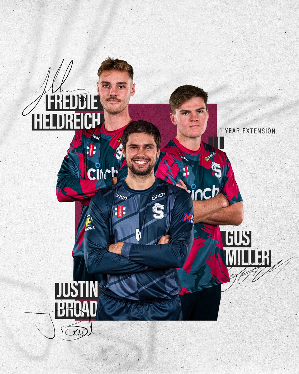 Extended until 2️⃣0️⃣2️⃣5️⃣ 🖊️ We're delighted that Freddie Heldreich, Gus Miller and Justin Broad have all extended their contracts for another year. 🙌 Read more 👉 nccc.co.uk/news/heldreich…