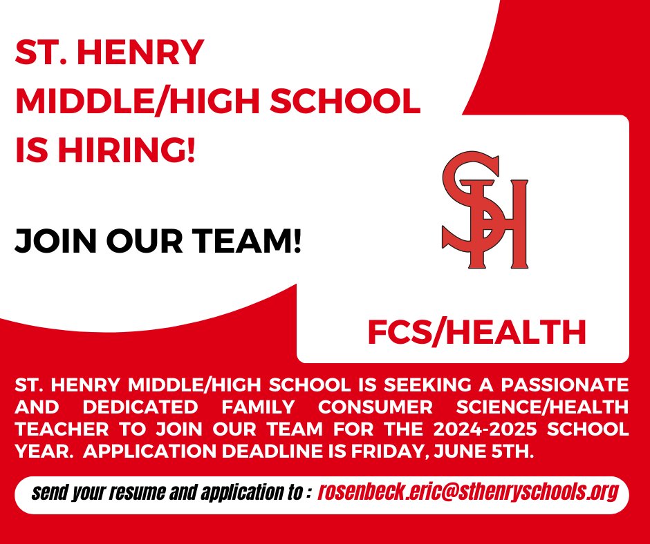 KyleKunk's tweet photo. Come and join our team!  St. Henry Middle/High School is hiring a FCS/Health teacher for the 2024-2025 school year. @EricRosenbeck @APuthoff @StHenryAD https://t.co/fsuSVKUYSB