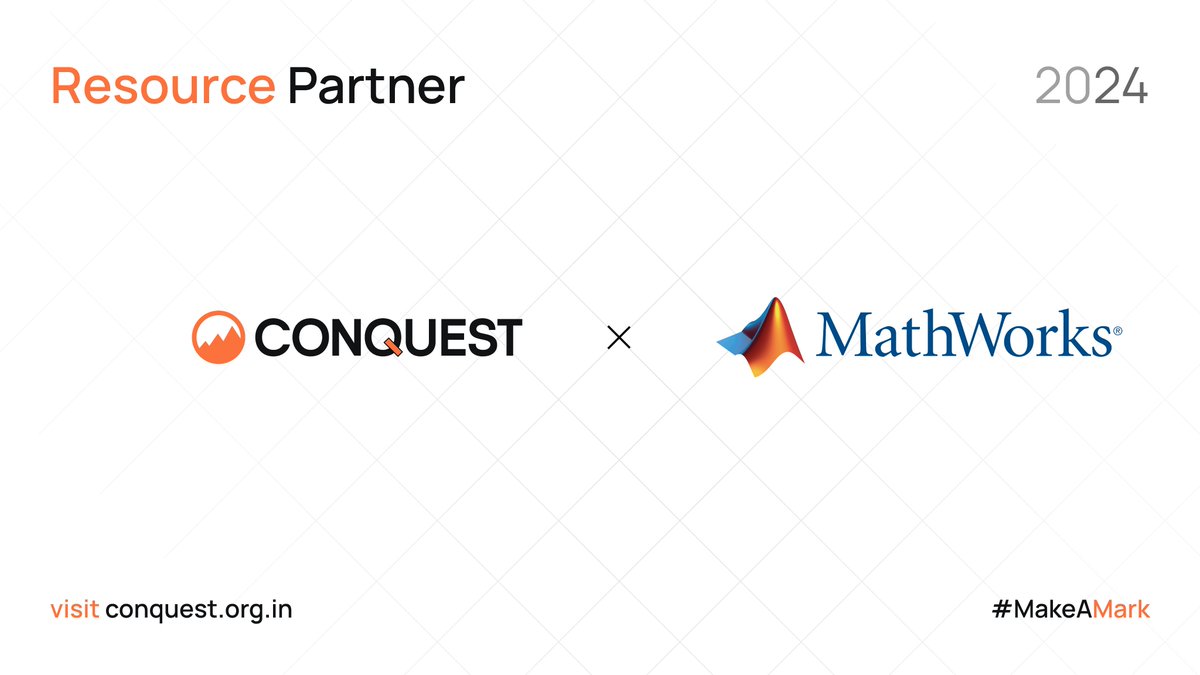 Announcing @MathWorks® as a Resource Partner for Conquest ’24! 🚀 

@MathWorks® is a global leader in mathematical computing software. Its products, MATLAB® and Simulink®, drive innovation, data analysis, and model-based design. 

 Register now at conquest.org.in
