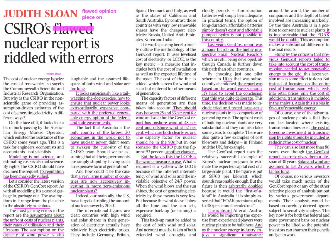 judith sloan's piece on CSIRO's GenCost report is a hot mess of misunderstandings and falsehoods. i've underlined just *some* of the 🐂💩. such a shame that a chunk of the country reads this stuff uncritically — terrible for energy literacy and public policy.