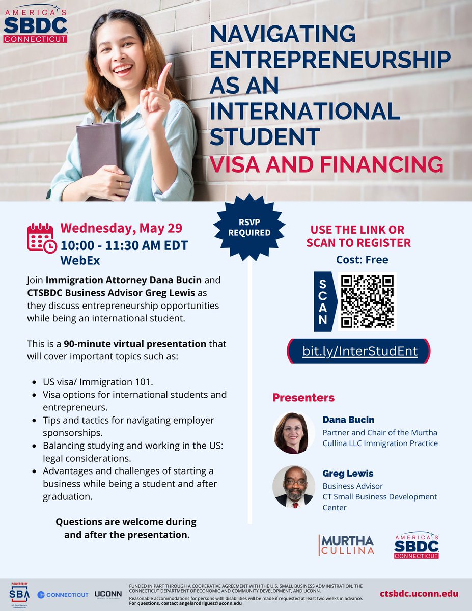 Join us TOMORROW May 29 at 10 AM for a #virtualsession with @MurthaLaw & @ctsbdc Business Advisor Gregory Lewis! Explore #visaoptions for #internationalstudents venturing into #entrepreneurship Register now: bit.ly/InterStudEnt #CTSBDC