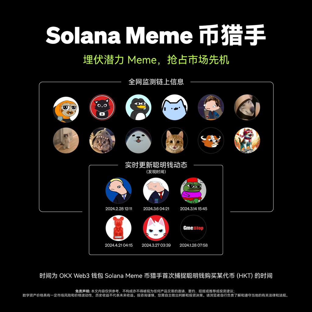 solanan meme猎手🐺
传送门：https://t.co/dgLbabbo9a
手机端入口：发现➡DAPP➡meme工具专区➡
Meme Hunter

Solana Meme币猎手依据 RO1、胜率等关键指标，选出表现出色的聪明钱地址，通过智能算法来追踪聪明钱的流向，并给你推送这些聪明钱地址最新投资的潜力项目。
包括聪明钱的买入卖出时间 https://t.co/SuYnmpfqpH