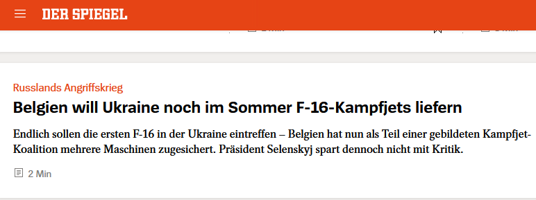 Belgien will Kampfjets an die Ukraine liefern. Spiegel schreibt: 'Endlich sollen die ersten F-16 in der Ukraine eintreffen.' 'Endlich'? Was heißt hier 'endlich'? Journalistische Distanz in einem nachrichtlichen Artikel? Nein. #Zombiejournalismus