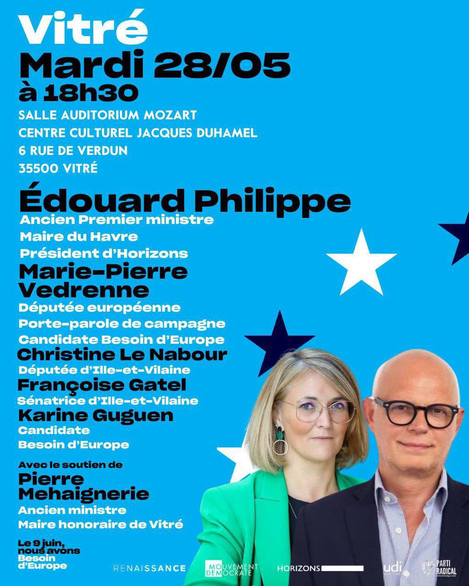 À ce soir à #Vitré ! Autour de @EPhilippe_LH, @MariePierreV, @FrancoiseGatel et en présence de @PMehaignerie ! Inscrivez-vous 👉 forms.gle/jcX4bJ8L5b5SZ9… #BesoinDEurope