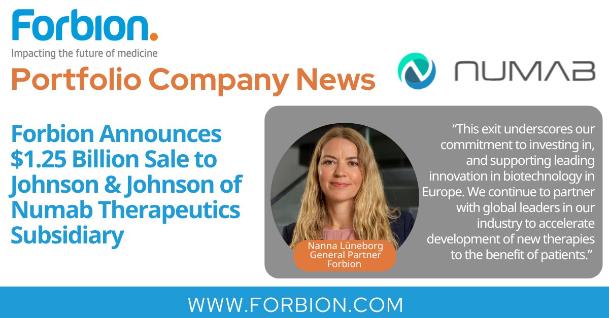 Proud to announce the $1.25 Billion Sale to Johnson &amp; Johnson of our portfolio company Numab Therapeutics Subsidiary. forbion.com/en/news/forbio… #lifesciences #biotech #biotechnology