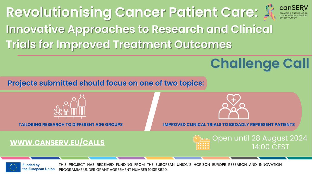 🫵Are you dedicated to improving cancer #patientcare? 

Apply NOW for new #canSERV_EU call and get 🆓access to 400+ #researchservices!

Proposals should focus on either

1️⃣ Tailoring research to different ages

2️⃣Clinical trials broadly representing patients

💰0.6M€

⏰28/8