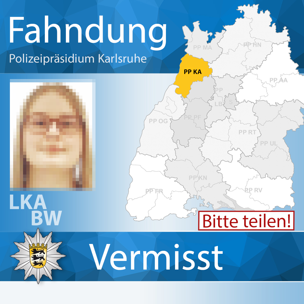 #Vermisstenfahndung - BITTE RT ⚠ Seit dem 25.05.24 wird die 16-jährige Pia H. aus #Bretten vermisst. Hinweise bitte umgehend an unsere Kolleginnen und Kollegen aus #Karlsruhe. Zur #Fahndung ▶ t1p.de/nbuki Euer #LKABW #BereitfürSicherheit