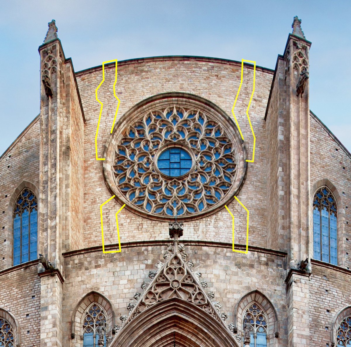 Per què l'Església de Santa Maria de la Mar té aquestes quatre grans cicatrius al voltant de la magnífica rosassa?... #Taldiacomavui de 1459 quatre arquitectes signaren el contracte per a reconstruir-la, anys després que hagués quedat malmesa per un bestial terratrèmol. Fil. 🌹