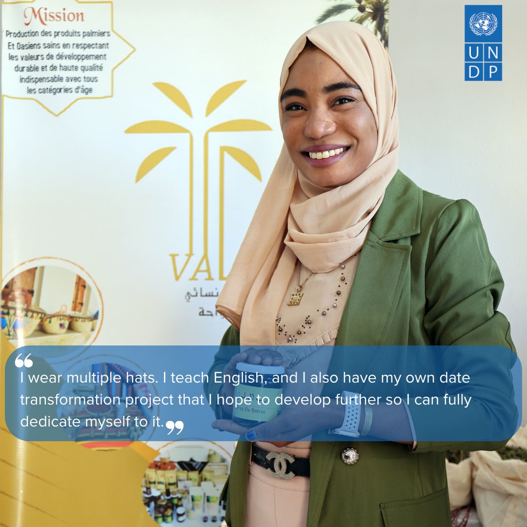 Committed to empowering the women💪 in her region, Imen Al Ismaili proudly leads her cooperative 'Val d’Oasis'🌴, in Kebili, with the support of @UNDP. Learn more about her journey!

#LNOB