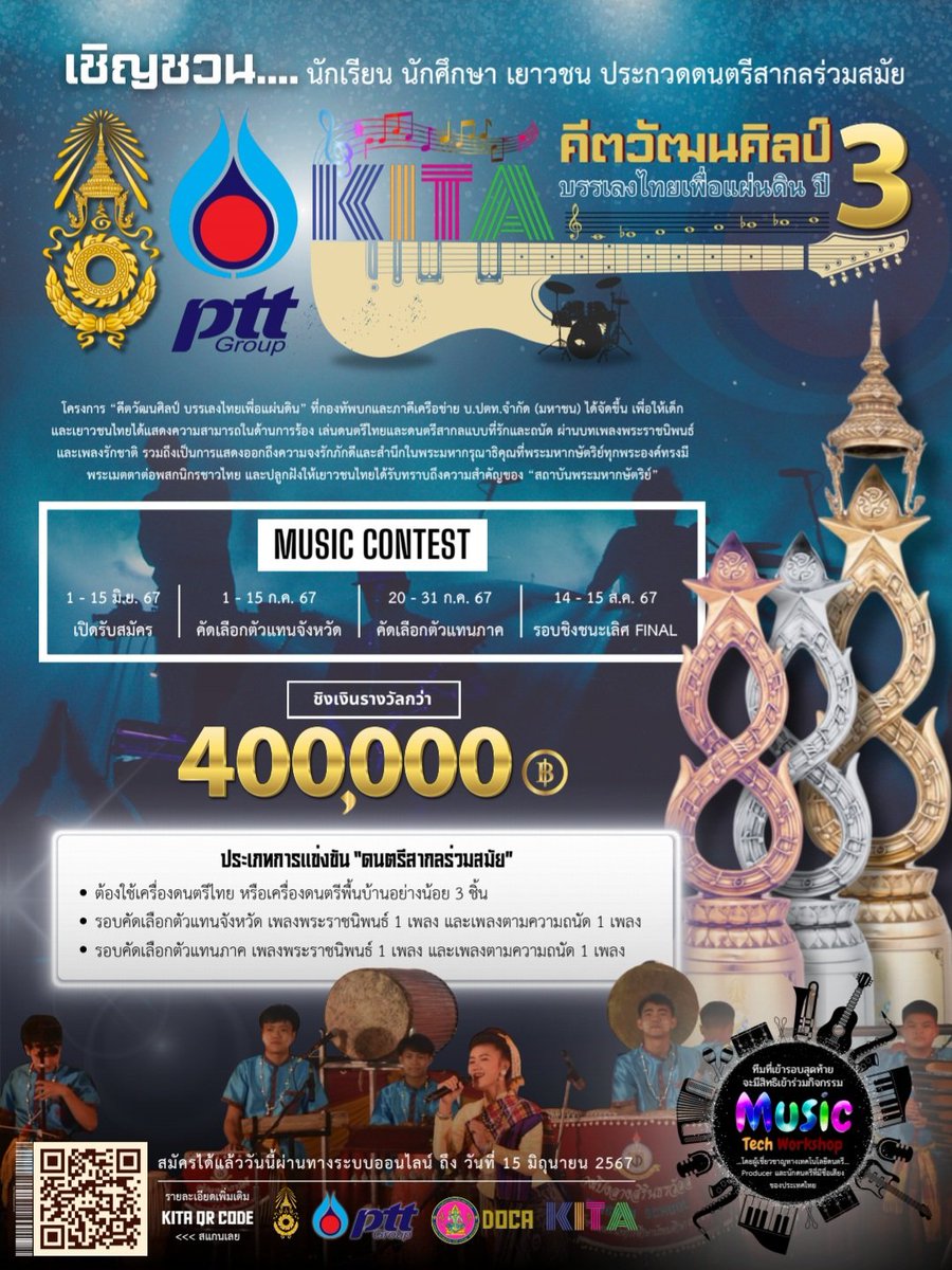 🎸🎺🎤 'KITA คีตวัฒนศิลป์ บรรเลงไทยเพื่อแผ่นดิน' ปีที่ 3

🔥🔥 การประกวดวงดนตรีสากลร่วมสมัย ระดับมัธยมศึกษา  ชิงถ้วยพระราชทานพระบาทสมเด็จพระเจ้าอยู่หัว และ เงินรางวัลกว่า 400,000 บาท

📌 รับสมัครตั้งแต่วันที่ 1- 15 มิ.ย. 67

📱 รายละเอียดเพิ่มเติม...Scan QR CODE ได้เลยยย

#KITA