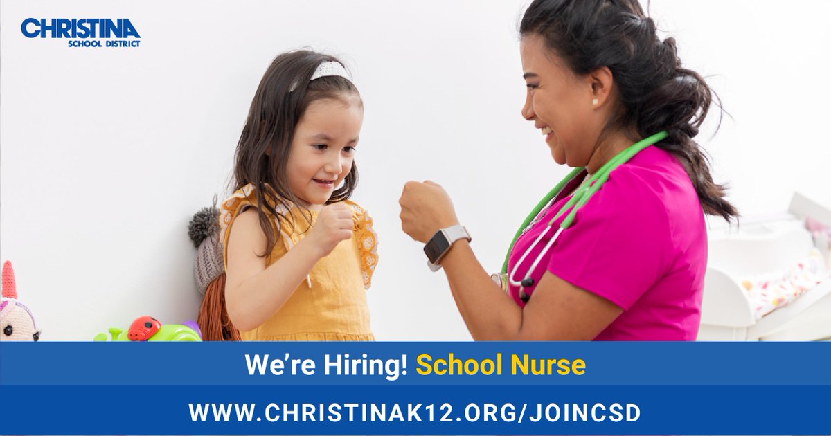 We're #NowHiring: School Nurses. Multiple openings at various locations. Apply online to #JoinCSD: christinak12.org/joincsd-studen…. 📌 View all job openings: christinak12.org/joincsd-apply #EduJobs #netde #hiring #WilmDE #NewarkDE