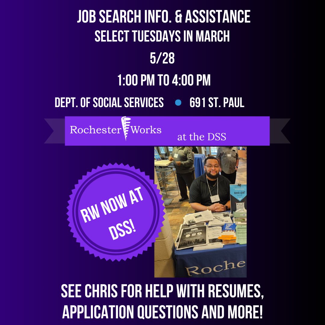 RochesterWorks Career Services Advisor Chris will be at DSS 691 St. Paul TODAY, providing FREE job search information and assistance to help you with your job search! Come take advantage of these resources. No appointment needed!

#JobSeekers #JobAssistance #YouthEmployment