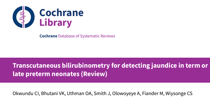 Transcutaneous bilirubin screening:
-  may reduce readmission for hyperbilirubinemia and increase need for phototherapy before discharge
- probably has little or no effect on exchange transfusion and acute bilirubin encephalopathy

(1 RCT; 1858 newborns)
cochranelibrary.com/cdsr/doi/10.10…