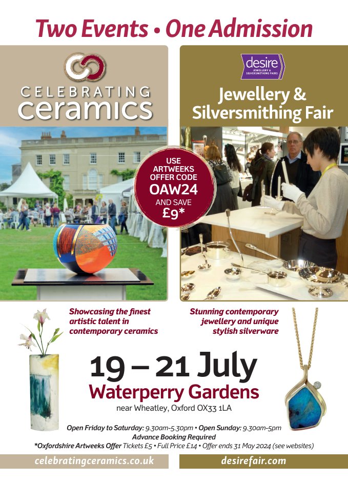 We have a SUPER-DISCOUNTED offer on the Celebrating Ceramics fair, and jewellery &amp; silversmithing event at Waterperry Gardens in July if you use the Artweeks code IN THE NEXT THREE DAYS.
Please share/spread the word so as many people can benefit as possible!