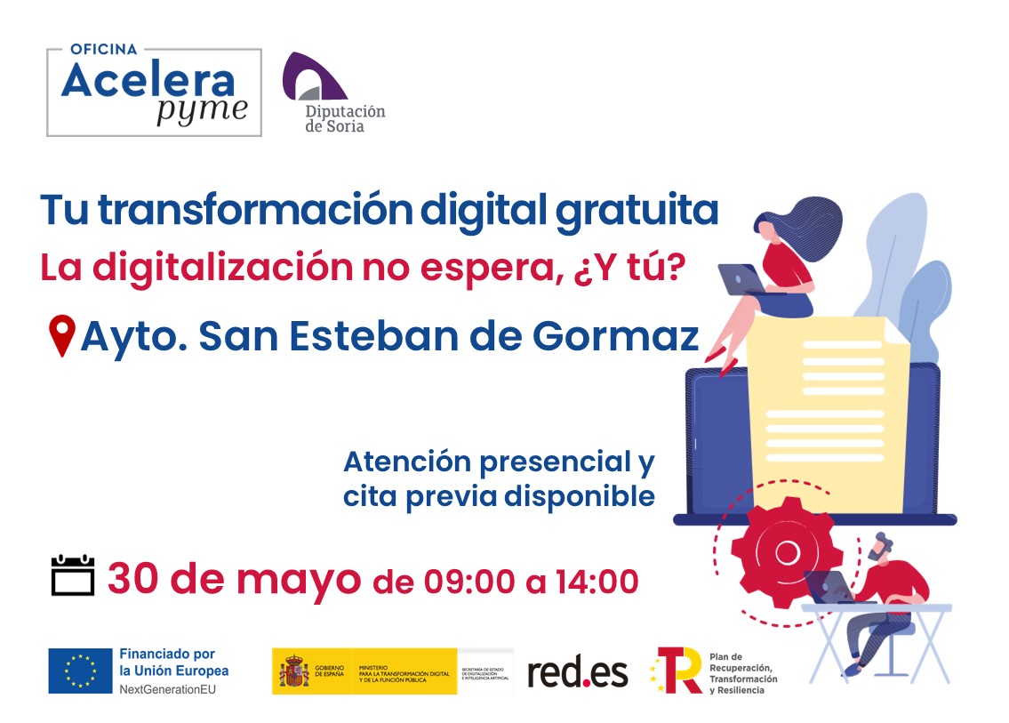 La digitalización no espera, ¿Y tú?
📅Jueves, 30 de mayo
📍Ayuntamiento de San Esteban de Gormaz

📈Planes de digitalización a medida
🫱🏻‍🫲🏾Asesoramiento individualizado
🚀Accede sin problema al #KitDigital