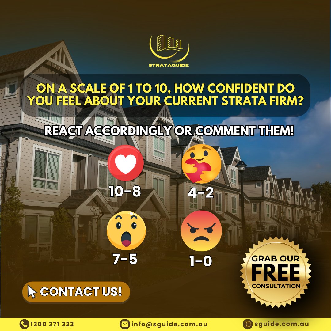 Rate your strata firm according to your level of trust! Grab our FREE consultation NOW!

#strata #stratamanager #propertymanagement #australiapropertymanagement #stratamanagement #australiastratamanagement #yourstrataservices #strataproperty #ownerscorporation